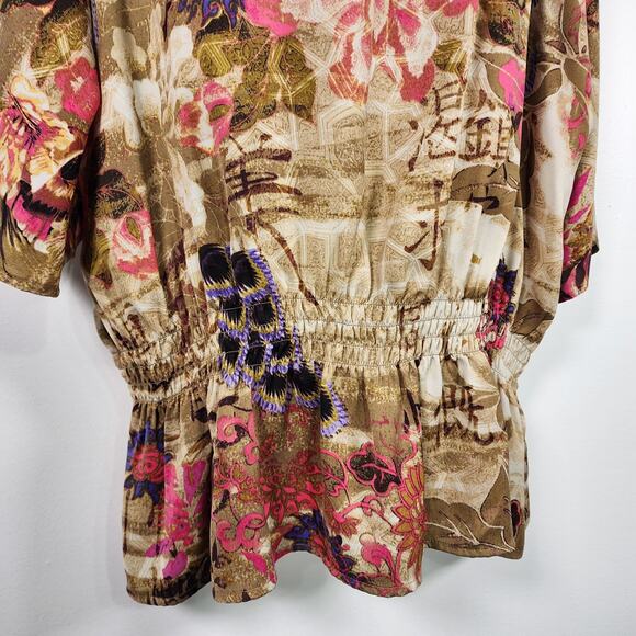 Chicos Peacock Floral Print Beaded Smocked Waist Blouse Size 3 US XL Artsy Boho - Picture 7 of 12